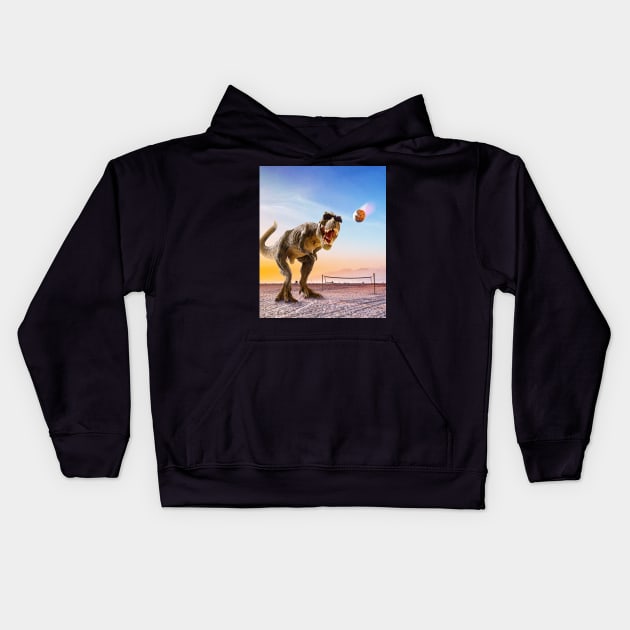 Funny T-Rex Dinosaur Playing Volleyball Kids Hoodie by Random Galaxy